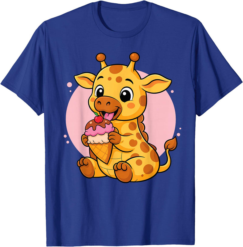 Funny Cute Giraffe Ice Cream Kawaii Design Giraffe Eating Ice Cream Graphic Boys Girls Giraffe Lover T-Shirt - Royal Blue