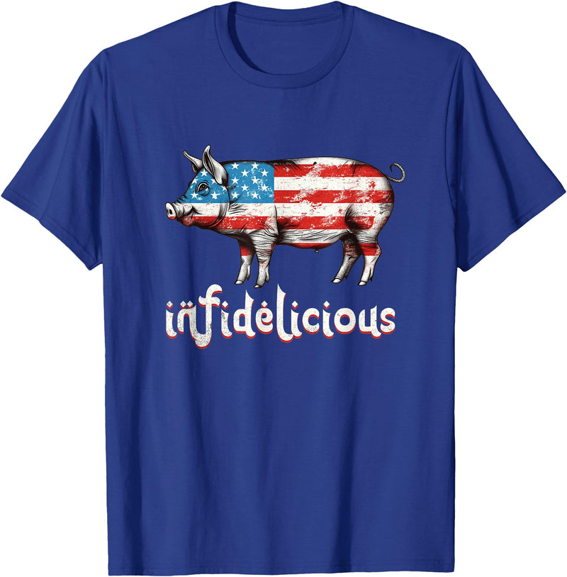 The Infidelicious Bacon Company Infidelicious - Funny Barbecue Pork BBQ Pig American Flag T-Shirt - Royal Blue