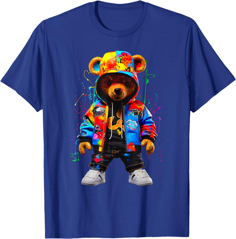 Hip-Hop Teddy-Bear Aesthetic Urban StreetWear Co. Hip-Hop Teddy-Bear Colorful Teddybear with Hoodie Graphic T-Shirt - Royal Blue