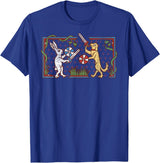 Medieval Rabbit & Dog Sword Fighting Cute Vintage Retro T-Shirt in Royal Blue