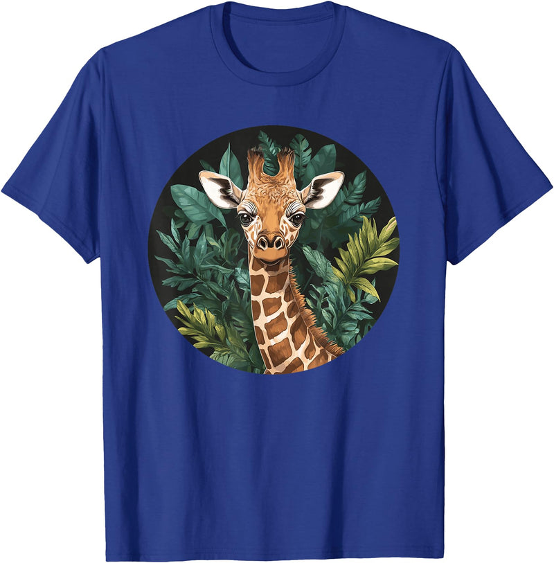 Nature Wildlife Giraffe Safari Jungle Giraffe With Tropical Jungle Leaves T-Shirt - Royal Blue