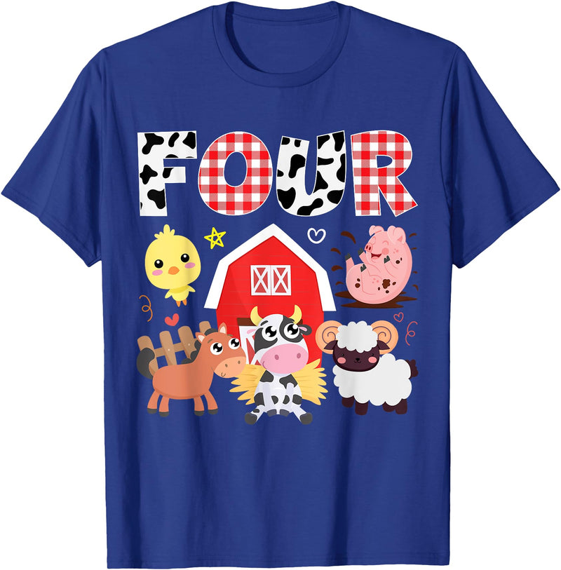 Farm Animals Cow Themed Birthday Party Family Tees 4th Birthday Four Year Old Farm Theme Animals Birthday Party T-Shirt -