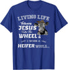 apparelaxArt Living Life Somewhere Between Jesus Take The Wheel Cow T-Shirt - Royal Blue