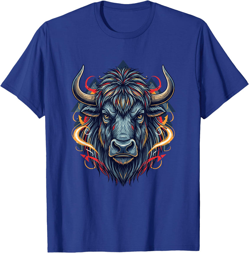 Wild Buffalo Bison Tribal Western Spirit Fierce Wild Bison Head Tribal Geometric Buffalo T-Shirt - Royal Blue