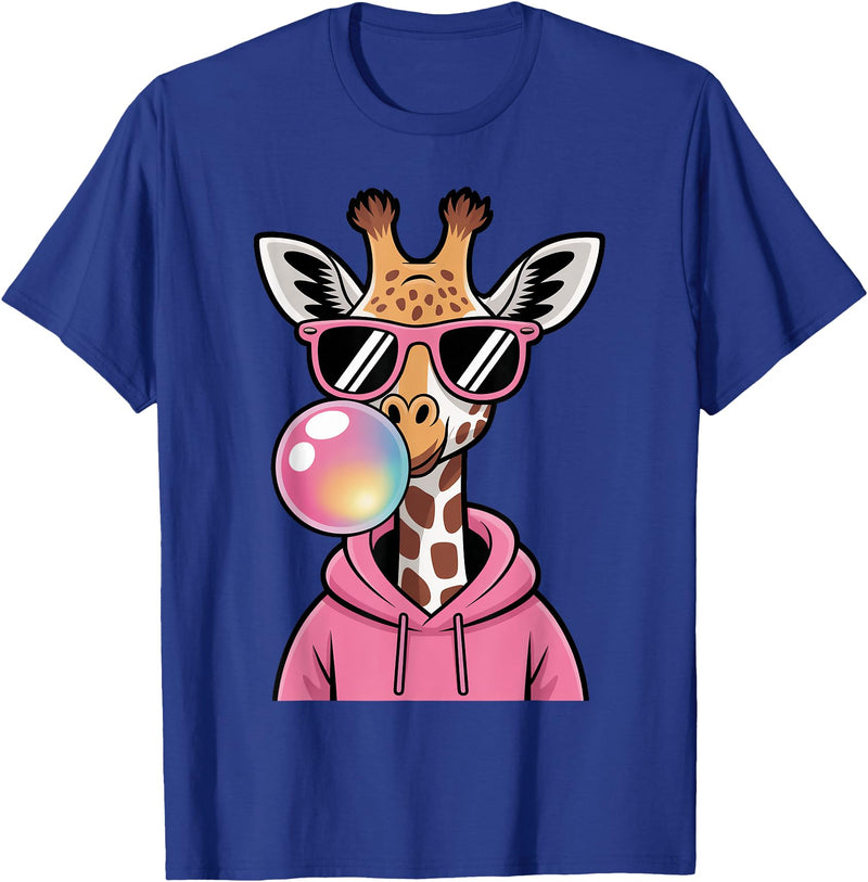 Giraffe Sasquatch Blowing Bubblegum Toddler Kids Cute Giraffe Blowing Bubble Gum and Pink Glasses Kids Boys T-Shirt - Royal Blue
