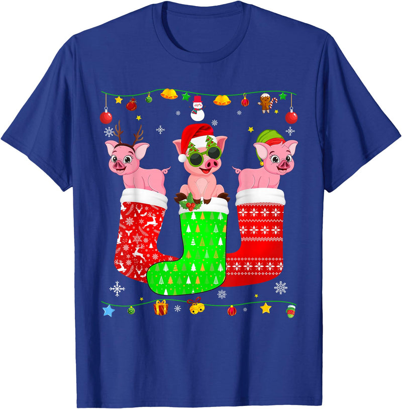 Christmas Pajama Top Matching Outfit Co Three Pig In Christmas Socks Matching Xmas Pajama T-Shirt - Royal Blue