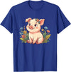 Cute Farm Piglet With Wildflowers Pastel Kawaii Baby Pig Surrounded by Colorful Flowers T-Shirt - Royal Blue