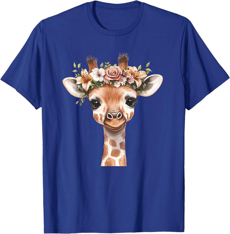 Floral Giraffe Animal Lovers Wild Nature Cute Animal Flower Crown Giraffe T-Shirt - Royal Blue