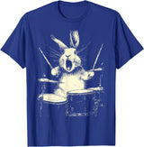 Cute Rabbit Playing Drums Funny Music Animal Drummer Graphic T-Shirt in Royal Blue
