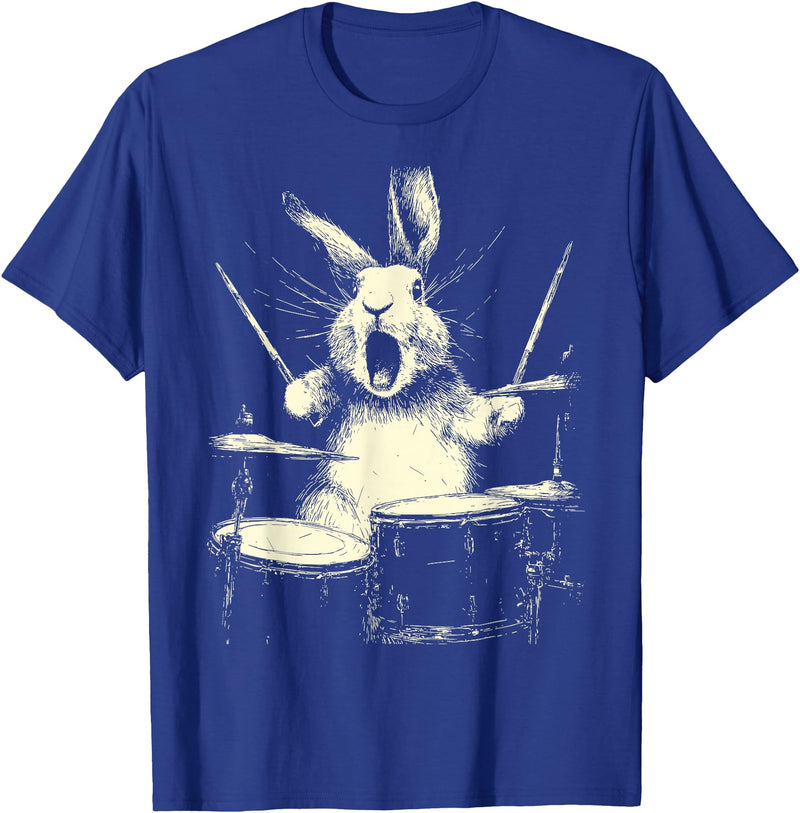 Cute Rabbit Playing Drums Funny Music Animal Drummer Graphic T-Shirt in Royal Blue
