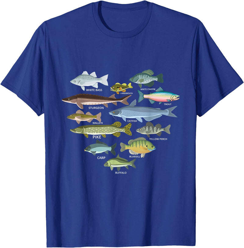 Types Of Freshwater Fish lover identification gift freshwater fish identification heart shape Species Fishing T-Shirt - Royal Blue