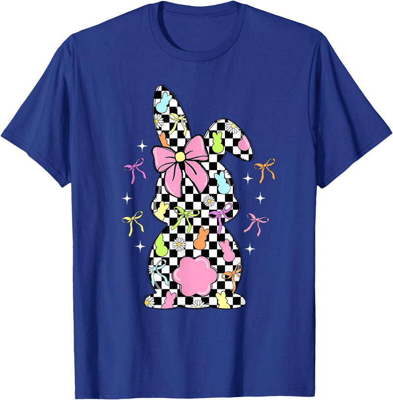 Funny Bunny Checkered Coquette Bow Rabbit Eggs Easter Retro T-Shirt in Royal Blue