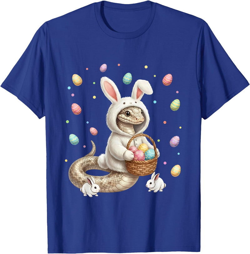 Cute Easter Bunny Rabbit with Eggs Whimsical Snake Design T-Shirt in Royal Blue