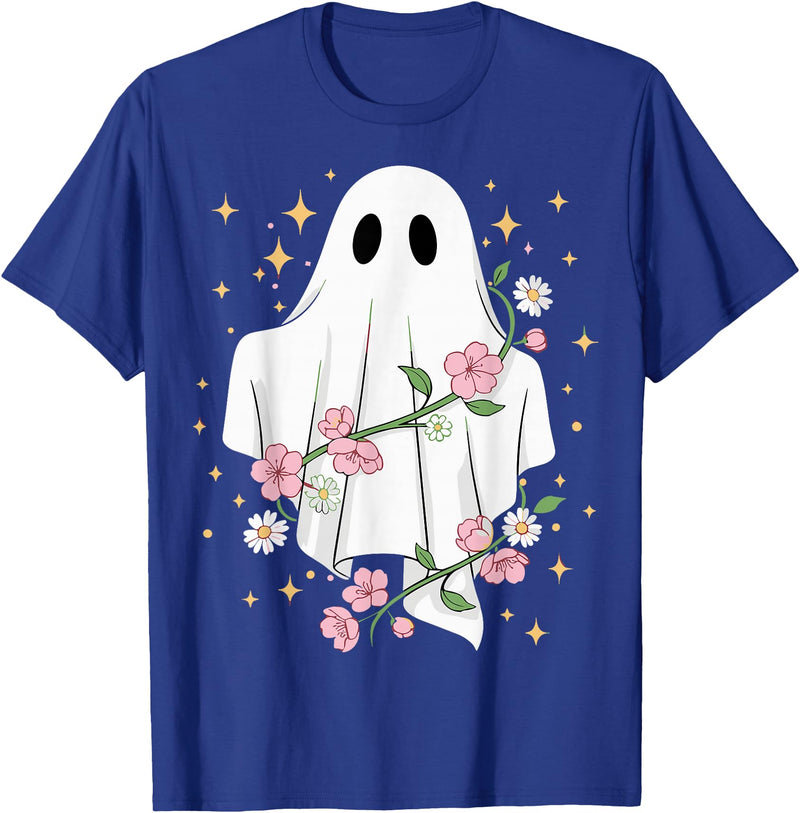 Halloween Ghost Lovers Cute Ghost with Flowers Halloween T-Shirt - Royal Blue