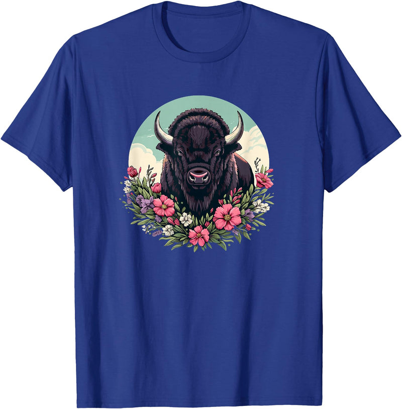 Wild Plains Buffalo Bison Gifts T Shirts & Hoodies Womens Girls Old West Retro Vintage Floral Buffalo Lover T-Shirt - Royal