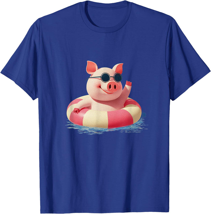 Vacation Pig Outfit Pig Sunglasses Graphic with Beach Ring T-Shirt - Royal Blue