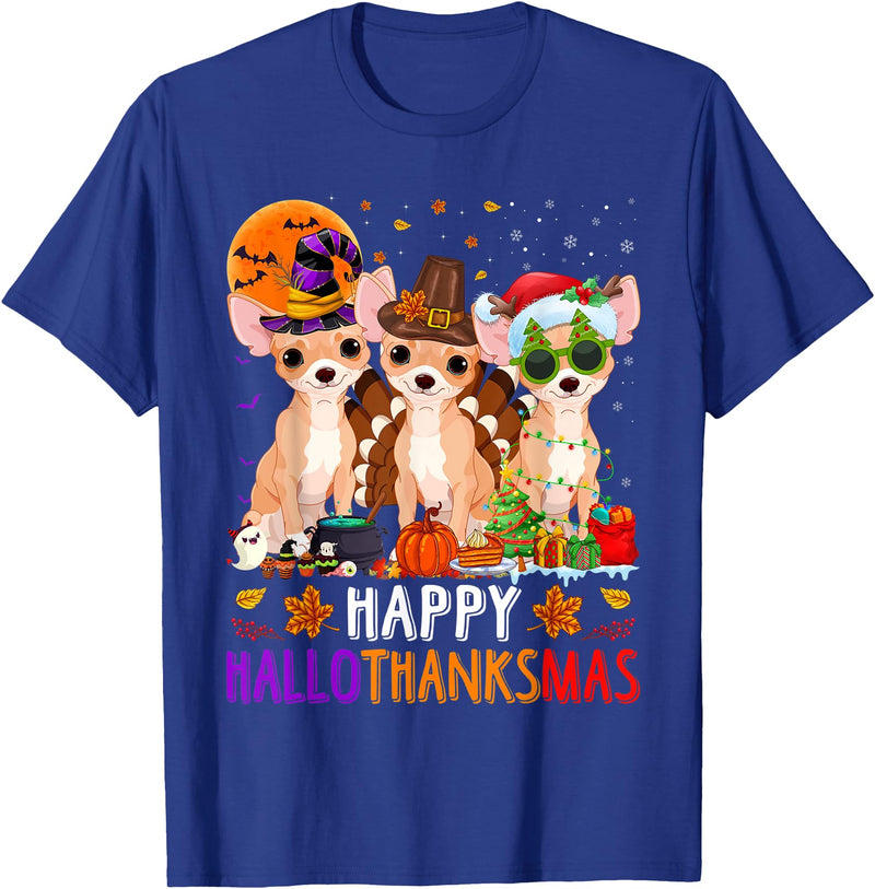 Cute Chihuahua Dog Happy Hallothanksmas Happy Hallothanksmas Chihuahua Dog Halloween Christmas T-Shirt - Royal Blue
