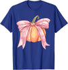Coquette Halloween Tees NYC Coquette Autumn Pumpkin Pink Bow Girly Halloween Fall Women T-Shirt - Royal Blue