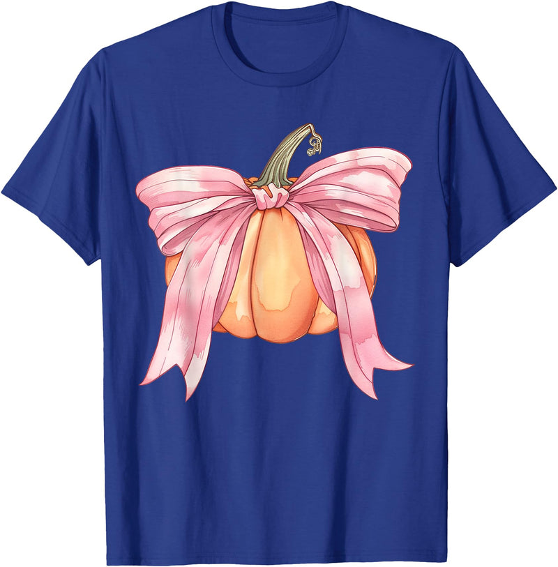 Coquette Halloween Tees NYC Coquette Autumn Pumpkin Pink Bow Girly Halloween Fall Women T-Shirt - Royal Blue