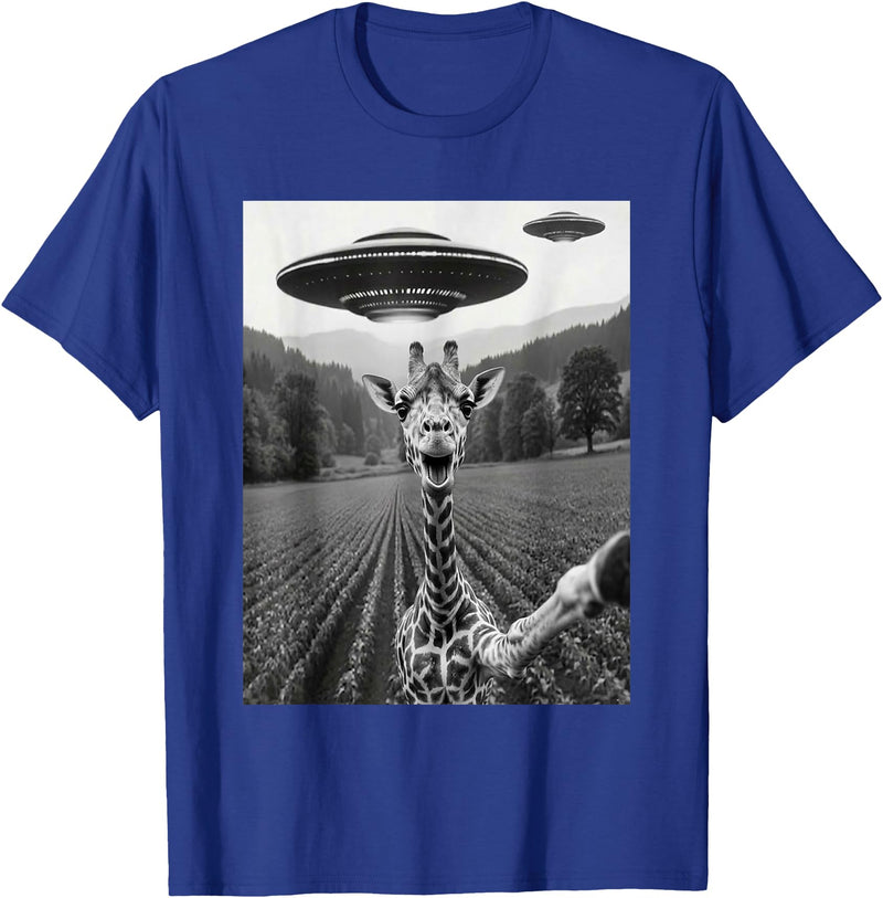 Toto17 Giraffe Lover Co. Giraffe Selfie with Alien UFO Funny Giraffe Lover Men Women T-Shirt - Royal Blue