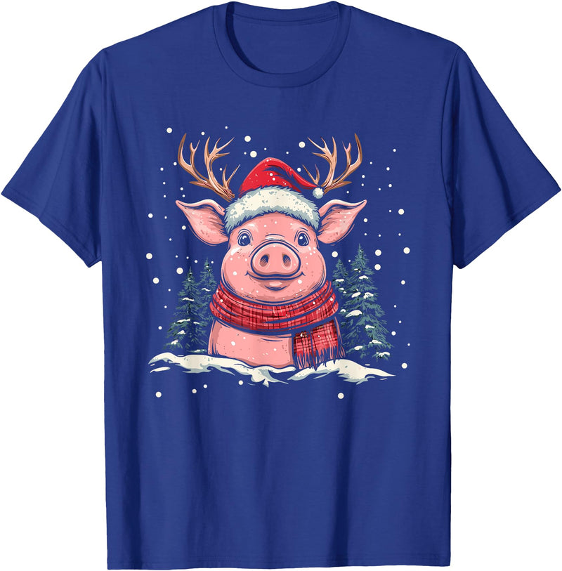 Funny Pig Christmas Outfit Pig Reindeer Santa Hat Christmas Xmas T-Shirt - Royal Blue