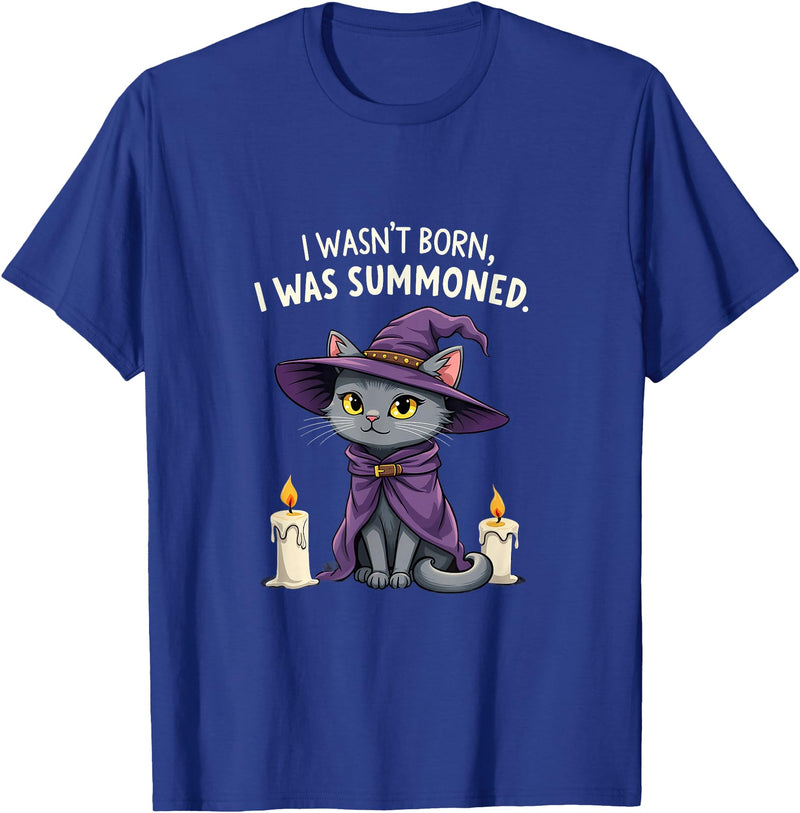 Halloween Cat With Purple Witch Hat Summoned I Wasn't Born I Was Summoned Halloween Black Cat T-Shirt - Royal Blue
