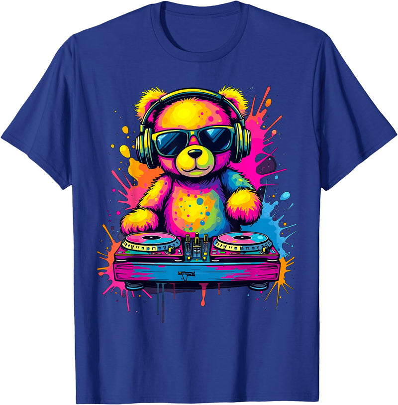 Magical and Funny DJ Gifts Colorful DJ Teddy Bear T-Shirt, Unisex-Kids, Black, Small, Long Sleeve, Classic Fit, Polyester 100% - Royal Blue