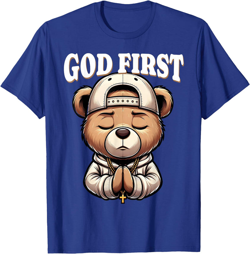 Christian Hip Hop Hustle Praying Teddy Bear Design God First Hip Hop Teddy Bear Cross Christian Streetwear Pray T-Shirt - Royal Blue