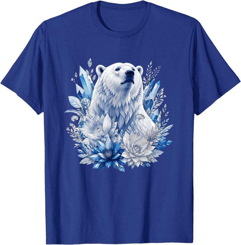 Arctic Polar Bear Crystal Flowers Nature Majestic Arctic Polar Bear with Ice Flowers Fantasy T-Shirt - Royal Blue