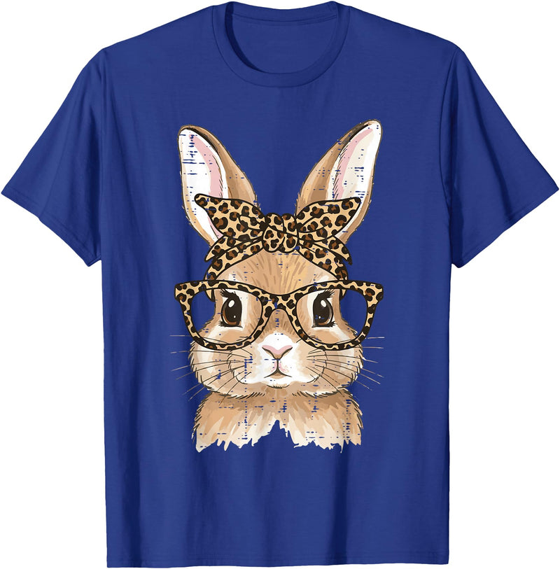Easter Bunny Leopard Glasses Bandana Rabbit Women Girls Kids T-Shirt in Royal Blue
