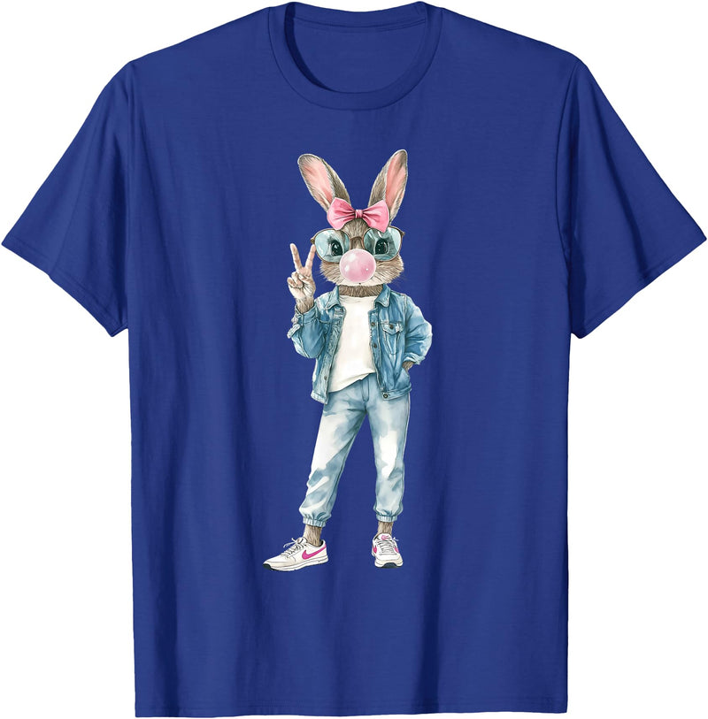 Funny Bunny Sunglasses Rabbit Coquette Bow Easter Trendy T-Shirt in Royal Blue