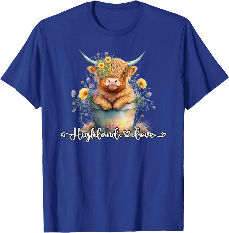 KAEDAM Gifts: Highland Cows Cute Baby Highland Cow Calf Love Spring Pastel Novelty T-Shirt - Royal Blue
