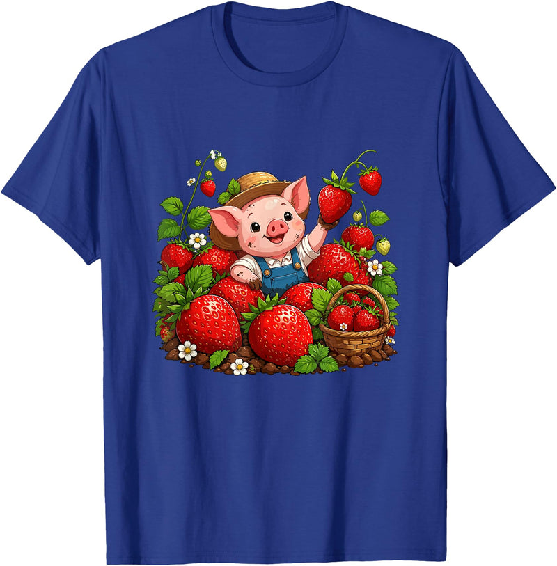 Kawaii Strawberry Piglet Farm Harvest Cute Farmer Pig Strawberry Patch Berry Picking T-Shirt - Royal Blue