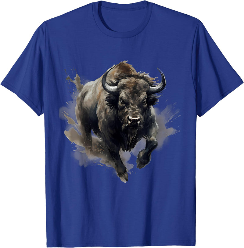 Safari Animal Art Buffalo Animal Print Splash Motif Bison Drawing Wildlife T-Shirt - Royal Blue