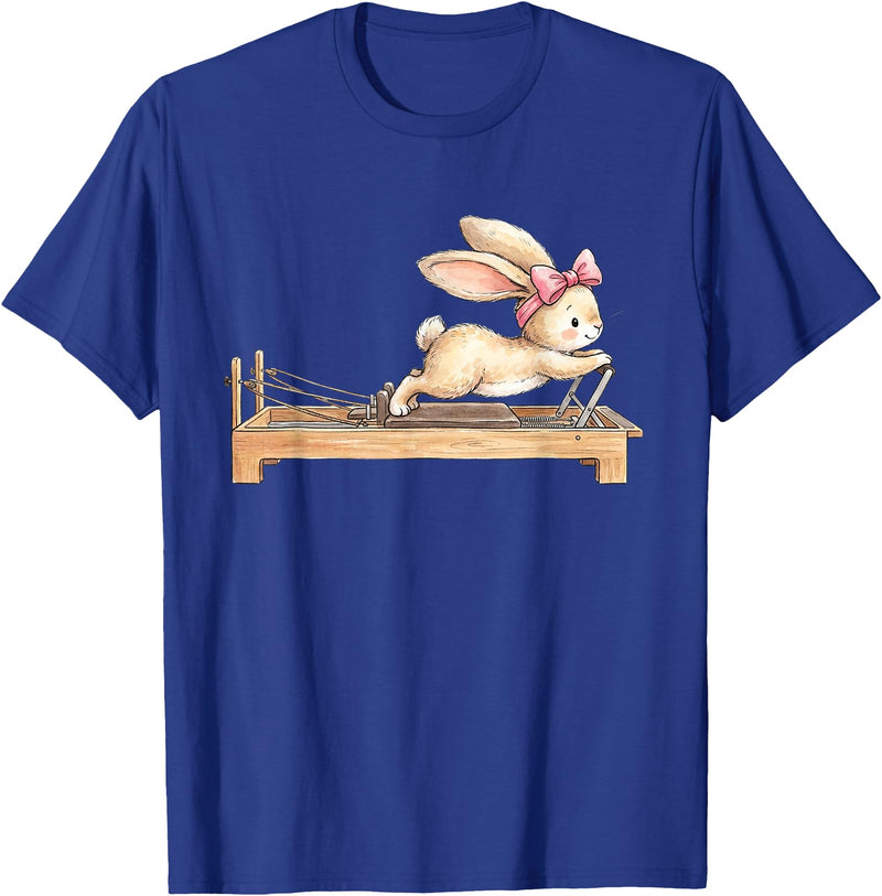 Cute Bunny Doing Pilates Reformer Machine Easter Rabbit T-Shirt in Royal Blue