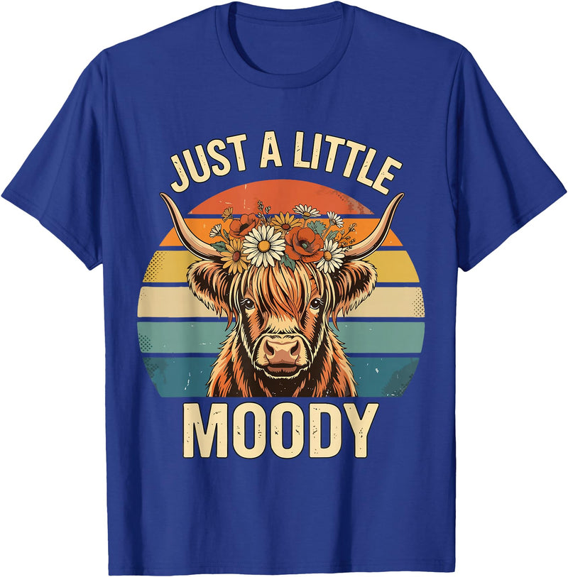 Just A Little Moody Funny Cow Tee Highland Cow Vintage Flower Funny Farm Farmer T-Shirt - Royal Blue