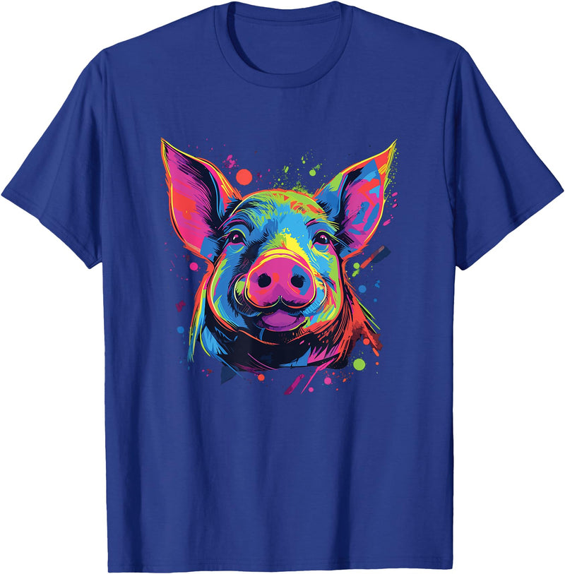 Retro Pig Poparts Tees Watercolor Colorful Pig T-Shirt - Royal Blue