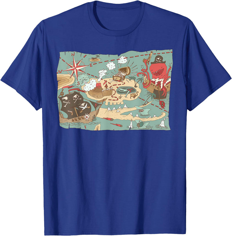 Mel & Bear Treasure Map Ship Sharks Pirates & Skulls Shirt Boys Kids T-Shirt - Royal Blue