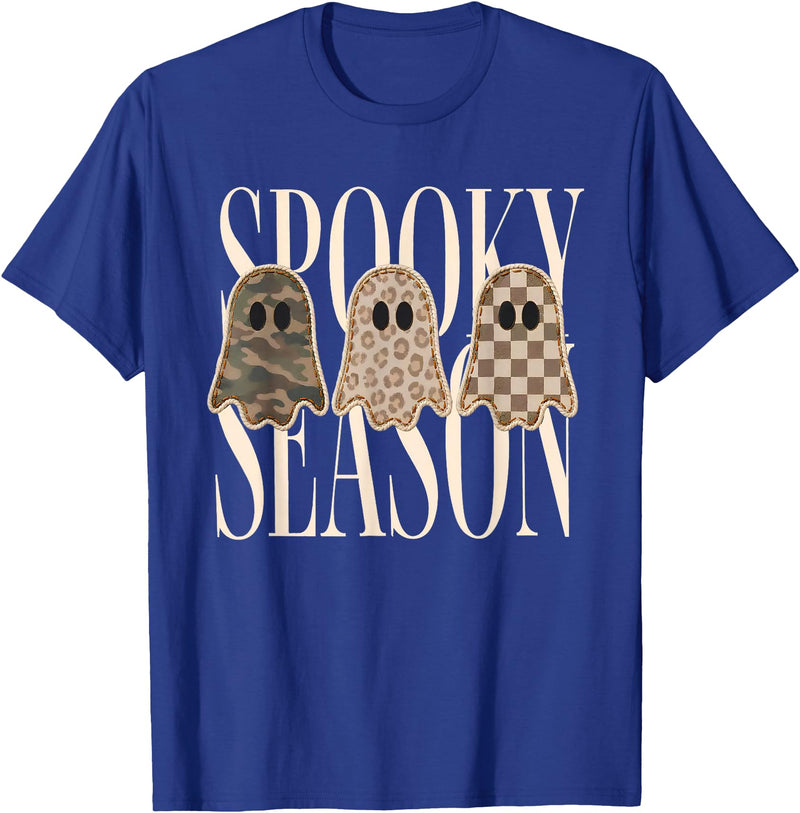 Spooky Season Ghost Halloween Shirt Spooky Season Leopard Camo Checkered Ghost Halloween Fall T-Shirt - Royal Blue