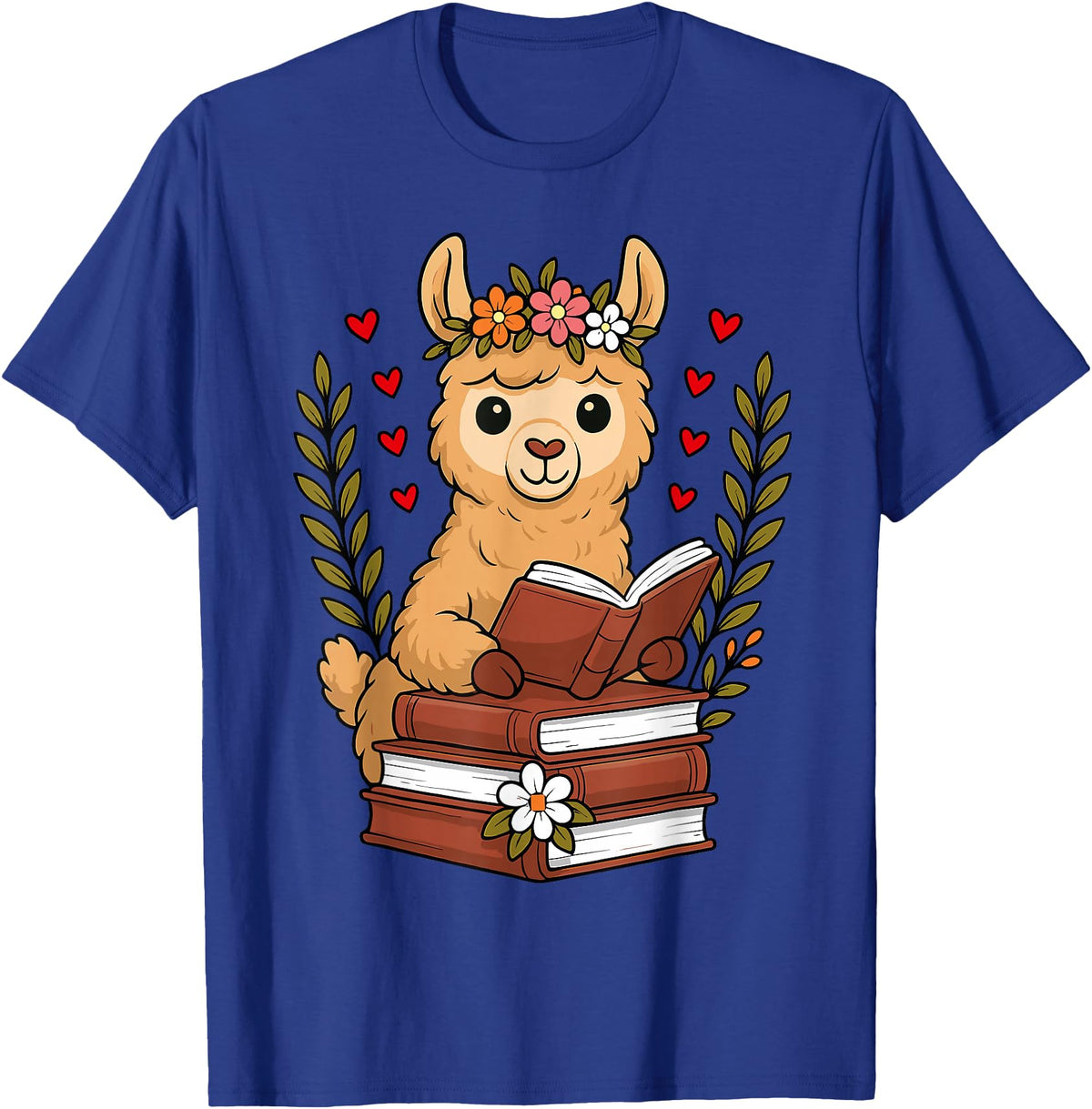 Bookworm Cute Llama Reading Book Llama Reading Book Graphic Llama with Book Floral T-Shirt - Royal Blue