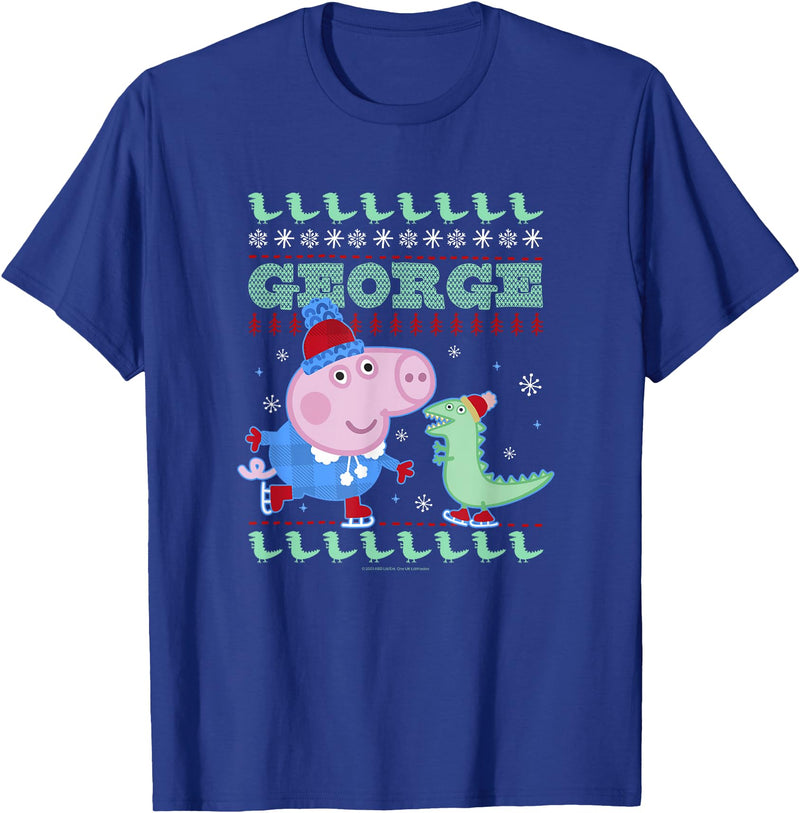 Peppa Pig George Pig Ice Skating Ugly Christmas Sweater T-Shirt - Royal Blue
