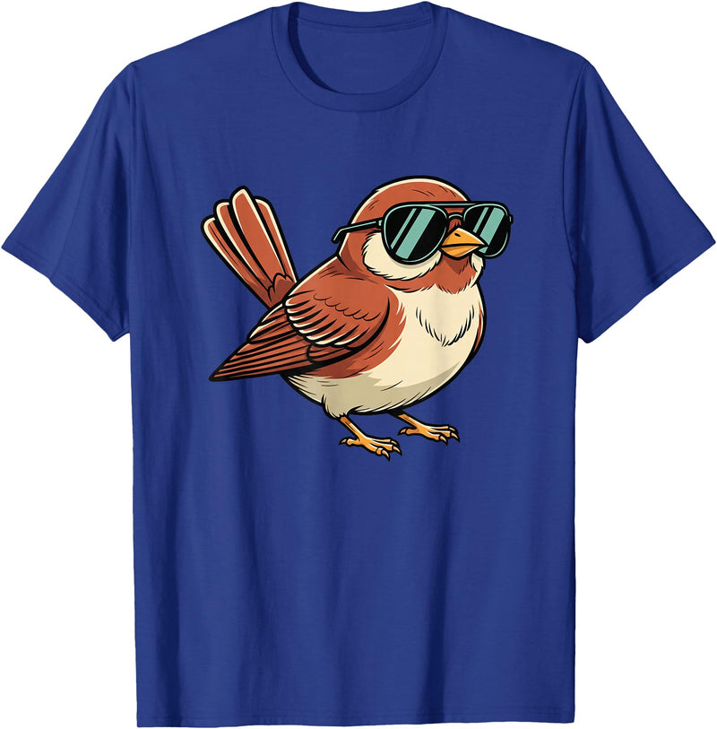 Chipper Feather Co Bird: Sparrow in Sunglasses, Cool Cartoon Avian Attitude T-Shirt - Royal Blue