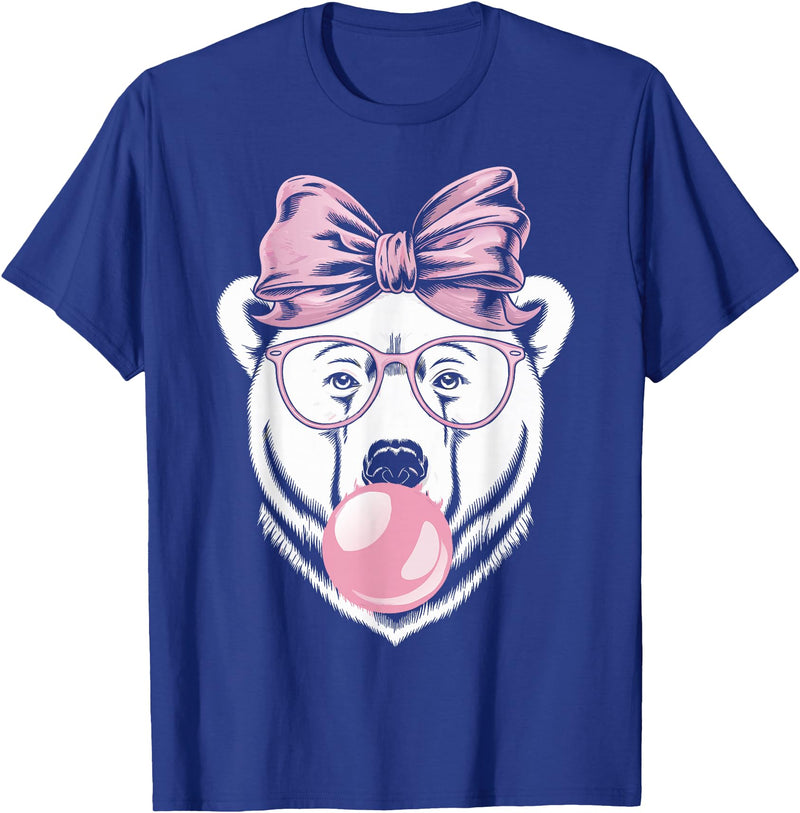 Polar Bear Bubblegum Polar Bear Wearing Glasses and Blowing Pink Bubble Gum T-Shirt - Royal Blue