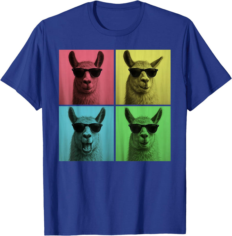 Retro Cute Llama Portrait with Sunglasses Llama Funny Pop Art Llama Lover Photo Booth T-Shirt - Royal Blue