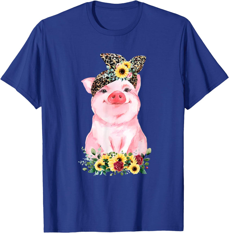 Pig Leopard Headband Flower Tees Pig With Leopard Headband Flower Cute Pig Lover T-Shirt - Royal Blue