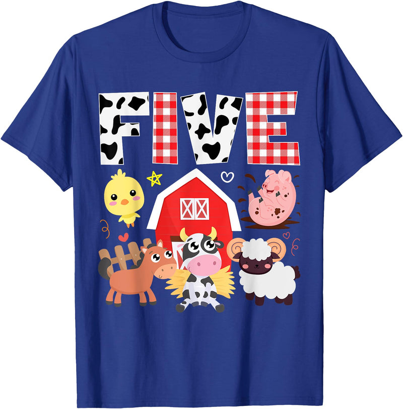 Farm Animals Cow Themed Birthday Party Family Tees 5th Birthday Five Year Old Farm Theme Animals Birthday Party T-Shirt -