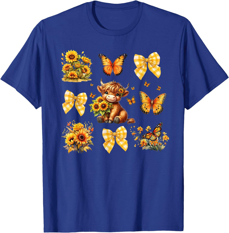 Coquette Bow Scottish Highland Cow Sunflower Shirt Baby Highland Cow With Sunflower Butterflies Farm Western T-Shirt - Royal