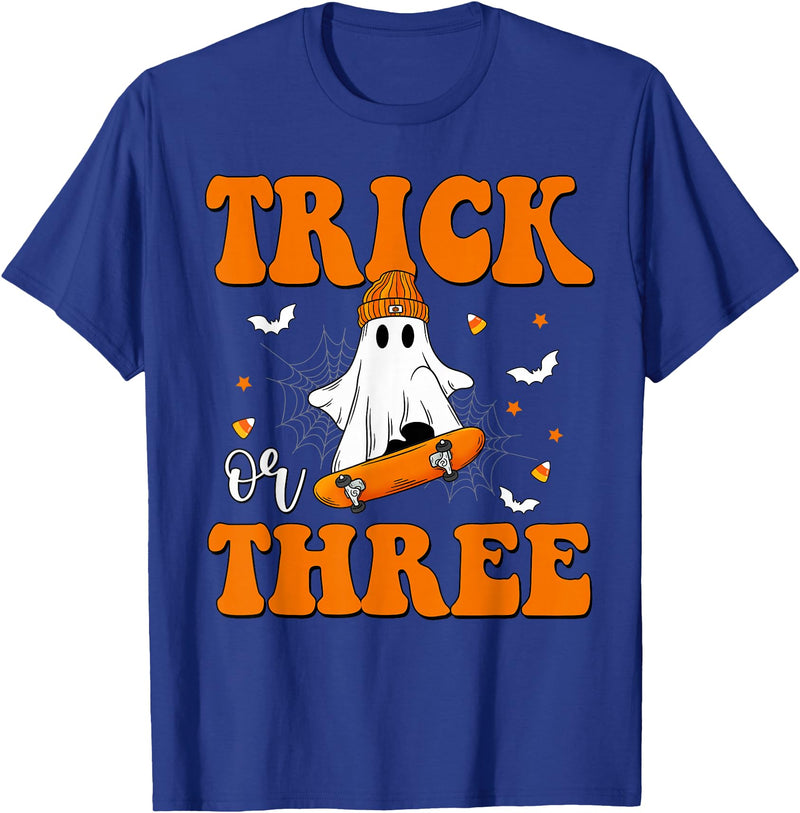 3 Year Old Boy Birthday Gift For Spooky Boys Kids Trick or Three 3rd Halloween Birthday Ghost Skateboarding T-Shirt - Royal