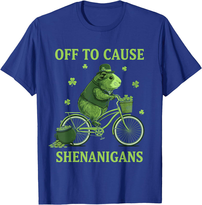 Funny St Paddys Day Cute Guinea Pig Bicycle Off to Cause Shenanigans Guinea Pig St Patricks Day T-Shirt - Royal Blue