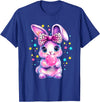 Cute Coquette Bow Tie Dye Rabbit Easter Bunny Girl Kids T-Shirt in Royal Blue
